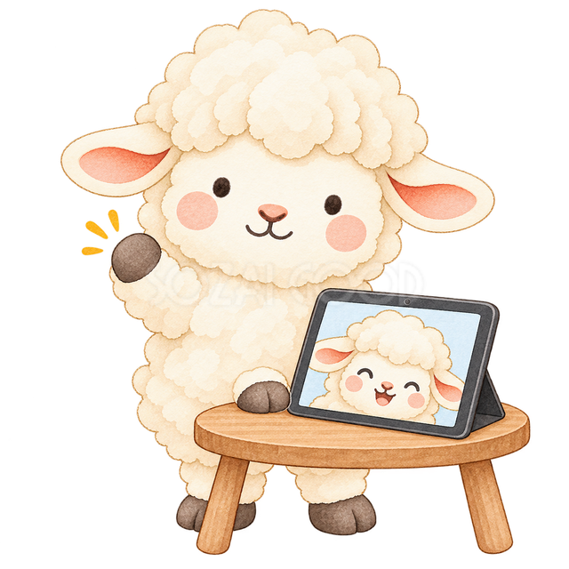 タブレットでビデオ通話する羊