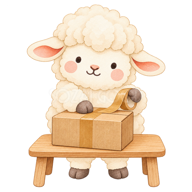 荷物の箱にテープを貼る羊
