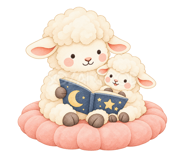 赤ちゃんと絵本を読む羊