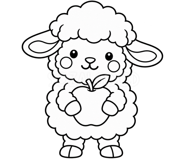 りんごを持つ羊のかんたんぬりえ