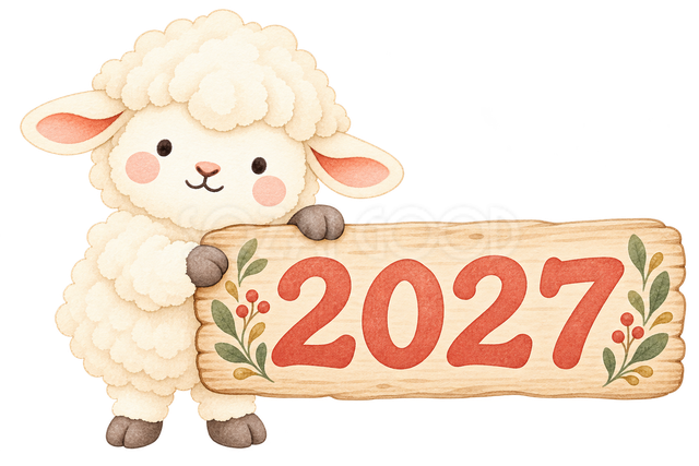 2027の木の札を持つ羊