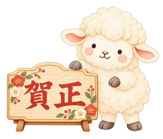 賀正の札を紹介する羊