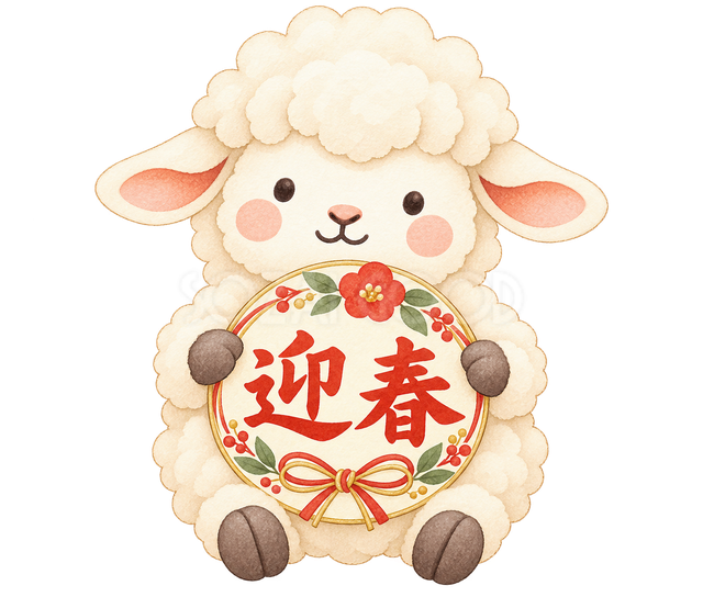 迎春の丸い札を持つ羊