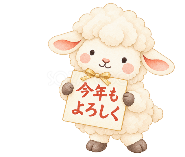 今年もよろしくの札を持つ羊