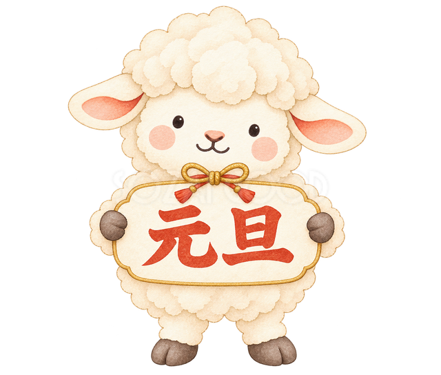 元旦の札を持つ羊