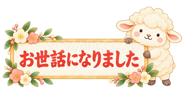 お世話になりましたの札と羊