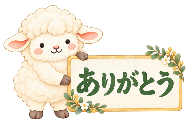 ありがとうの札と羊