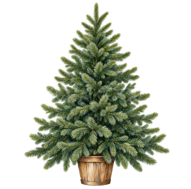 木の鉢に入ったモミのクリスマスツリー