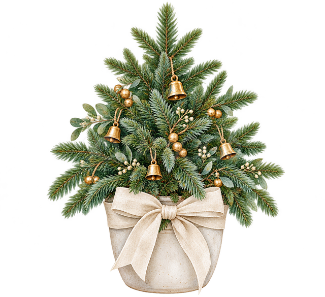 白いリボンの卓上クリスマスツリー