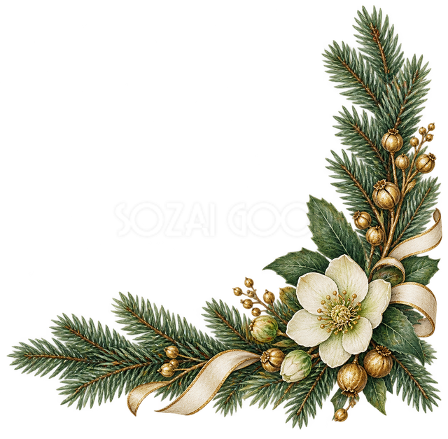 モミと白い花の右下角飾り