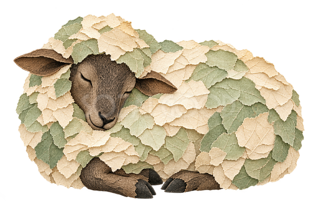 ちぎり絵で描いた眠る羊