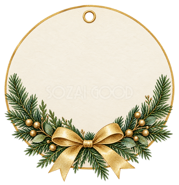 モミと金リボンの丸いクリスマスタグ