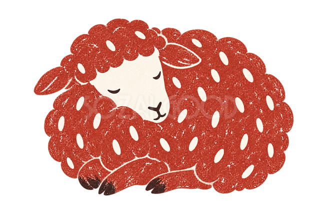 赤い版画で描いた眠る羊