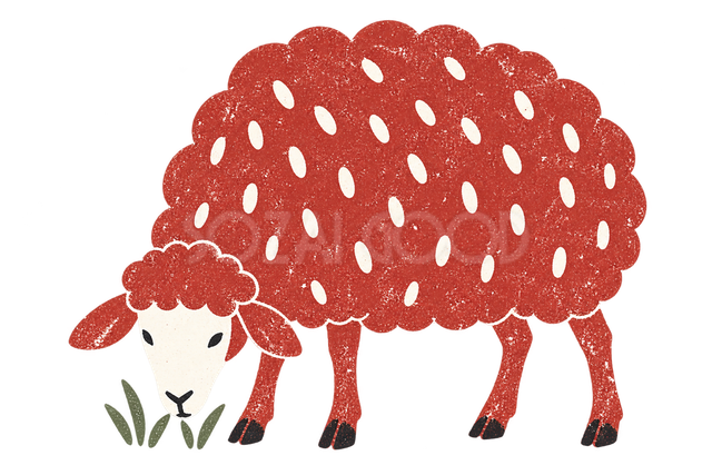 赤い版画で描いた草を食べる羊