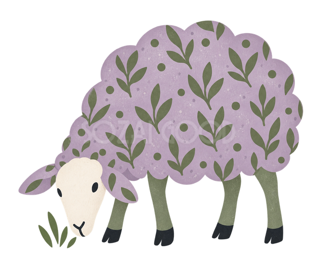 草花模様で描いた草を食べる羊