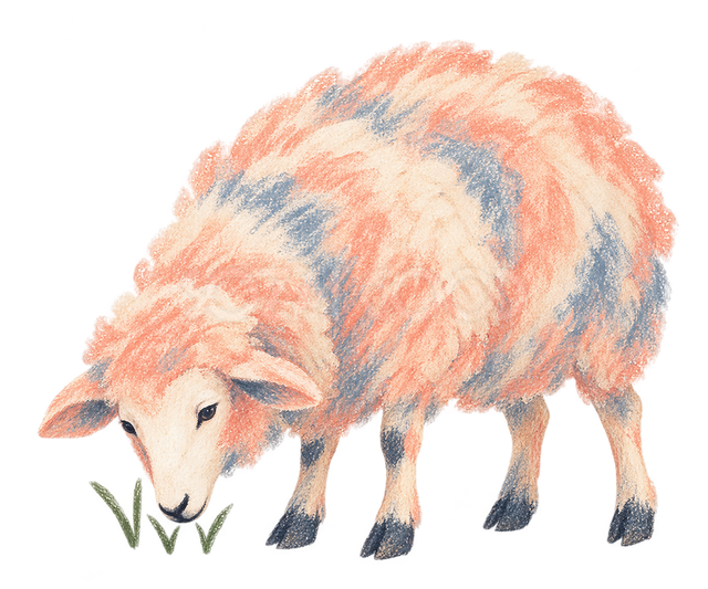 淡いパステルで描いた草を食べる羊