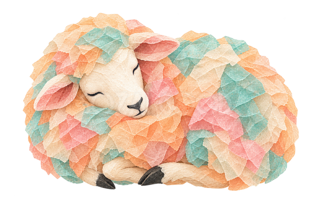 薄紙ちぎり絵で描いた眠る羊