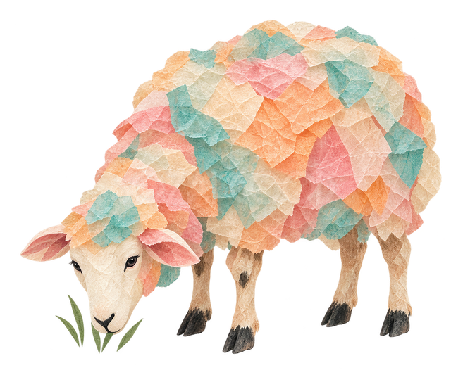 薄紙ちぎり絵で描いた草を食べる羊