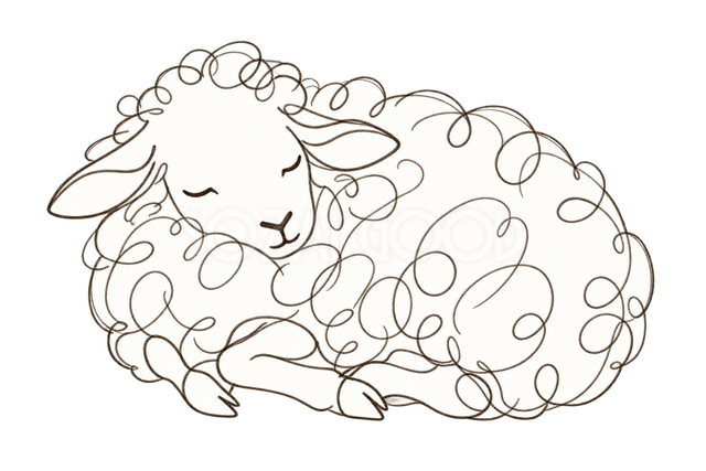 くるくる線画で描いた眠る羊