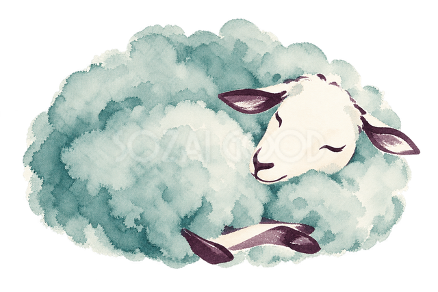 青緑の水彩で描いた眠る羊