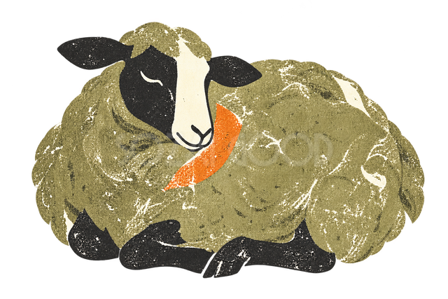 レトロ版画で描いた眠る羊