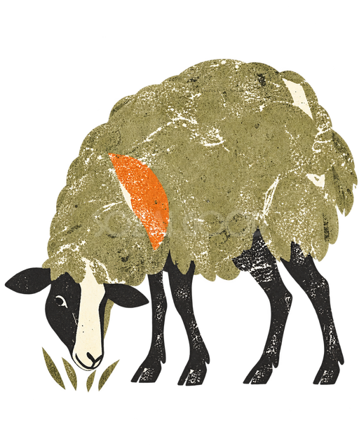 レトロ版画で描いた草を食べる羊