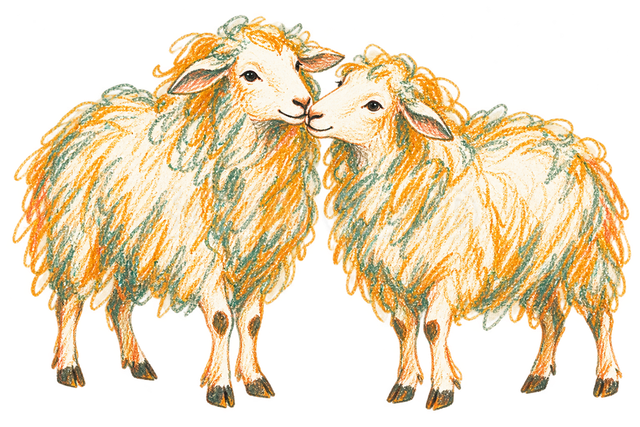 クレヨン画で描いた寄り添う二匹の羊