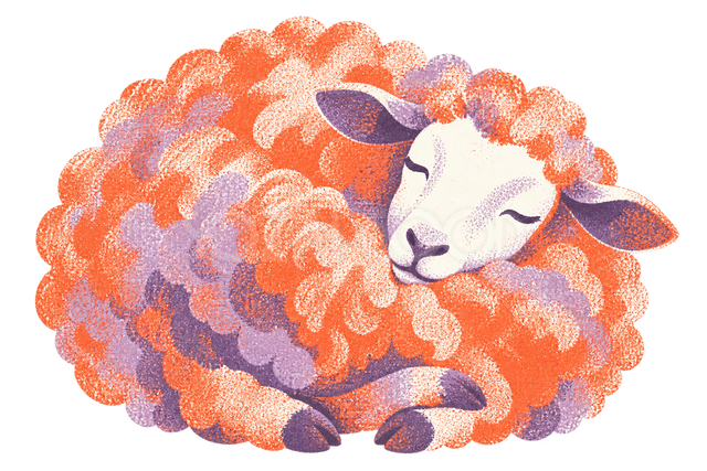 二色の版画で描いた眠る羊