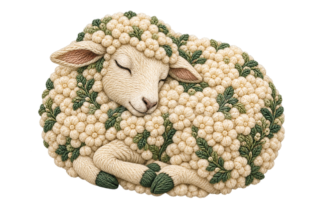 刺繍で描いた眠る羊