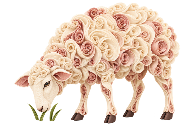 巻き紙で描いた草を食べる羊