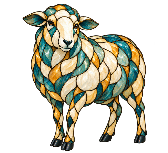 ステンドグラスで描いた正面を向く羊