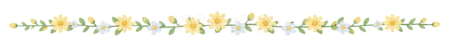 黄色い小花と緑の葉を並べた明るいライン（背景透過PNG）