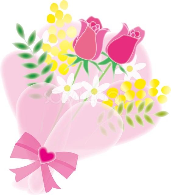 ピンクのバラと小花の花束のイラスト