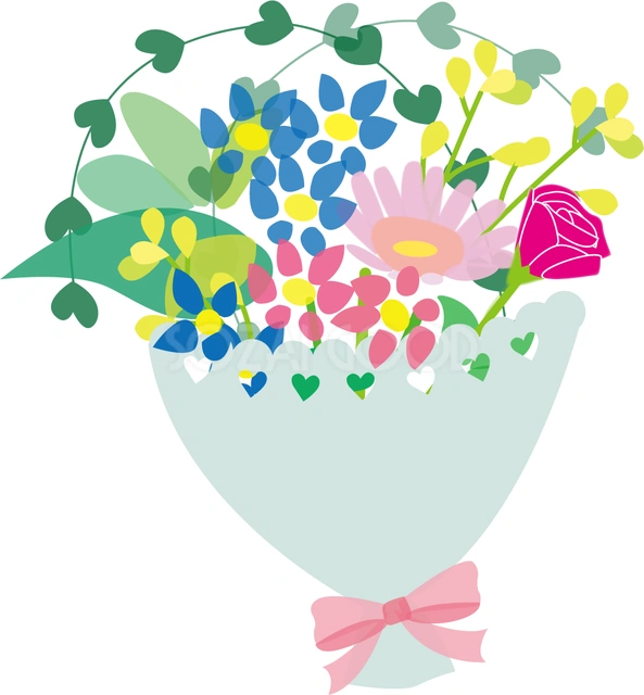 青い花と緑の葉の花束のイラスト