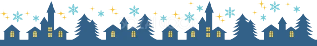 濃紺の家と雪の結晶を並べた冬の夜景ライン（背景透過PNG）