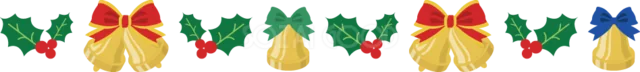 赤・金・青のリボンとヒイラギを並べたクリスマスライン（背景透過PNG）
