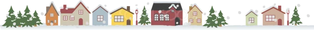 カラフルな家とモミの木を並べた冬の街並みライン（背景透過PNG）