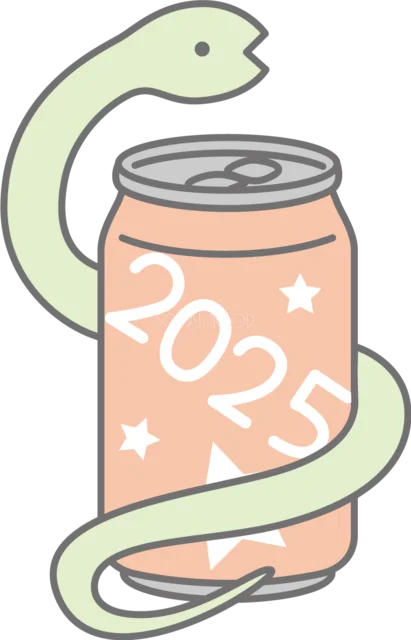 2025の缶に巻き付く淡い緑の蛇イラスト（背景透過PNG）