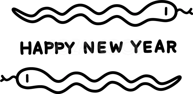 白蛇二匹と新年の英語文字のイラスト