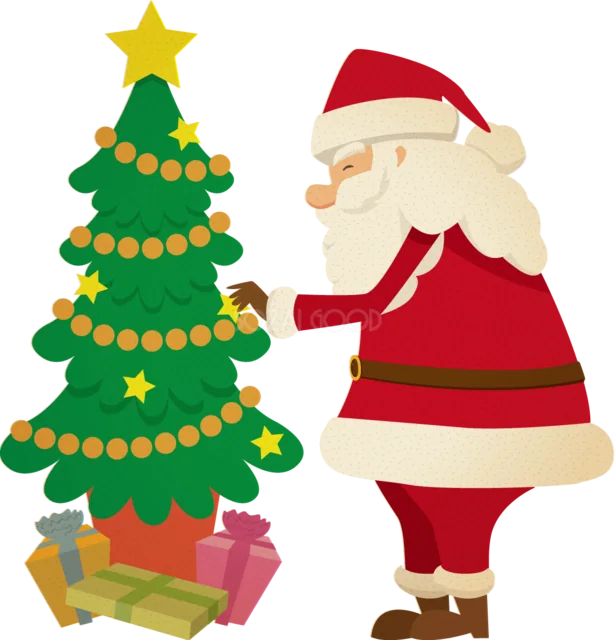 クリスマスツリーを飾り付けるサンタクロースイラスト（背景透過PNG）