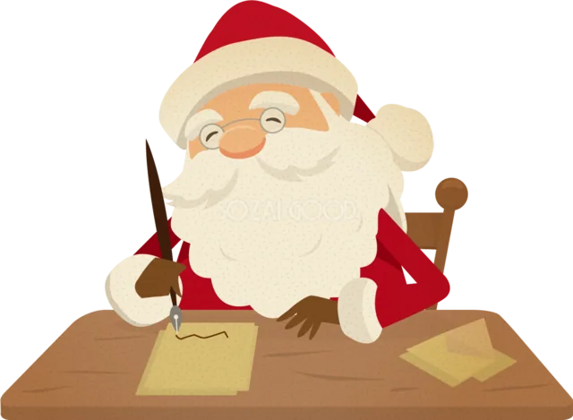机でクリスマスの手紙を書くサンタクロースイラスト（背景透過PNG）