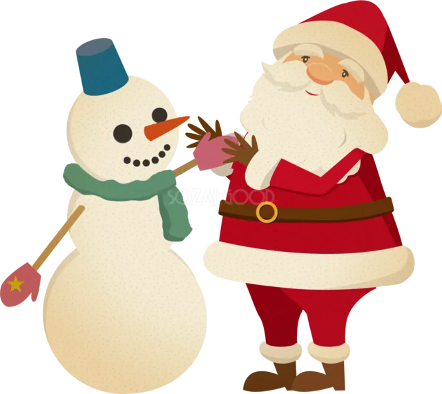 雪だるまを作るサンタクロースの冬イラスト（背景透過PNG）