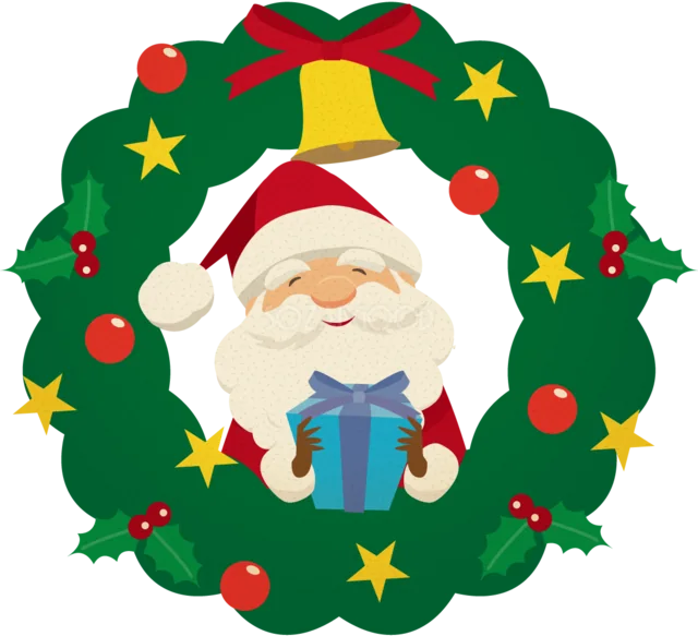 クリスマスリースの中でプレゼントを持つサンタクロースイラスト（背景透過PNG）