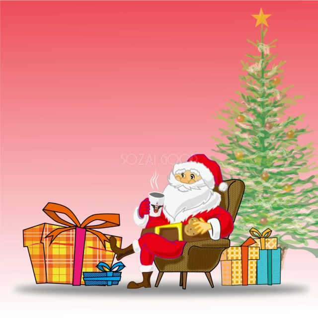 クリスマスツリーとプレゼントの前で椅子に座るサンタクロースイラスト
