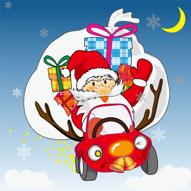 プレゼントを積んだ車を運転するサンタクロースのクリスマスイラスト