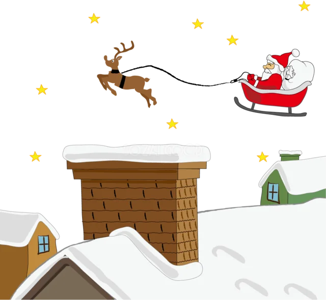 雪の屋根と煙突の上空をそりで飛ぶサンタクロースイラスト