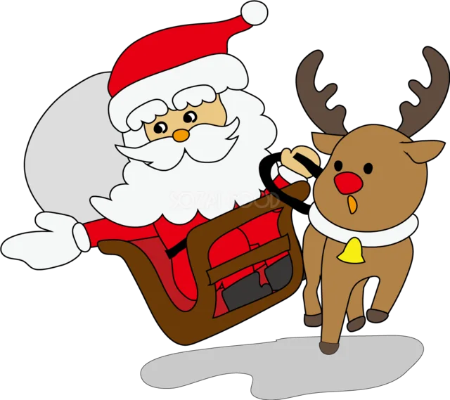 赤いそりとトナカイとサンタクロースのクリスマスイラスト（背景透過PNG）