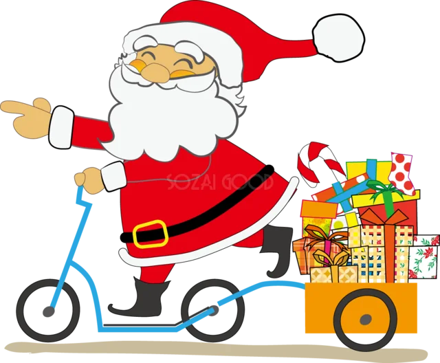 プレゼントを積んだ三輪自転車で走るサンタクロースイラスト（背景透過PNG）
