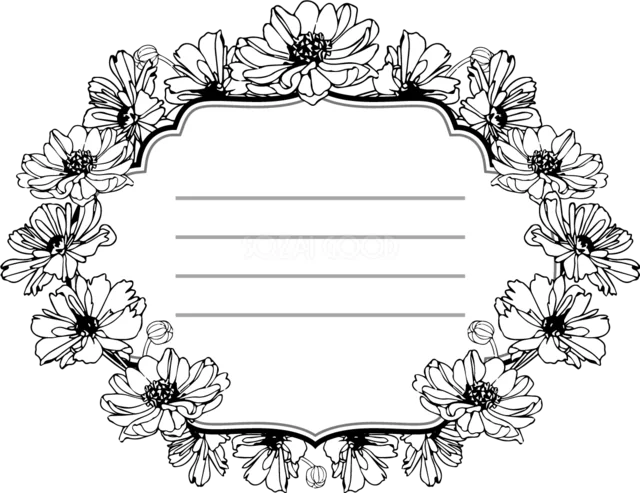 モノクロ線画の花で囲んだ罫線入りの横型フラワーラベルフレーム（背景透過PNG）