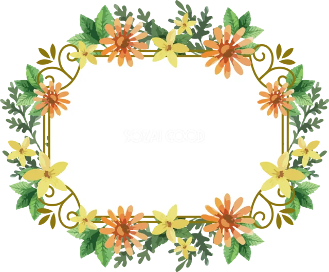 オレンジと黄色の花を緑の葉で囲む明るい横型ボタニカルフレーム（背景透過PNG）